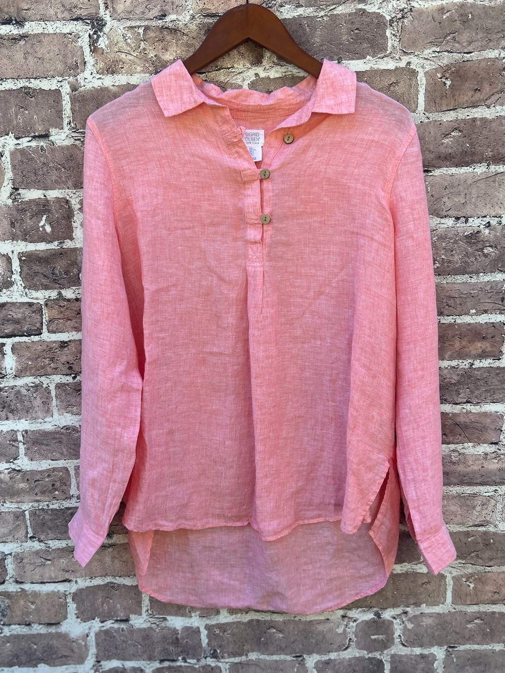 Sigrid Olsen L Coral Pink Linen Button Pullover button up shirt